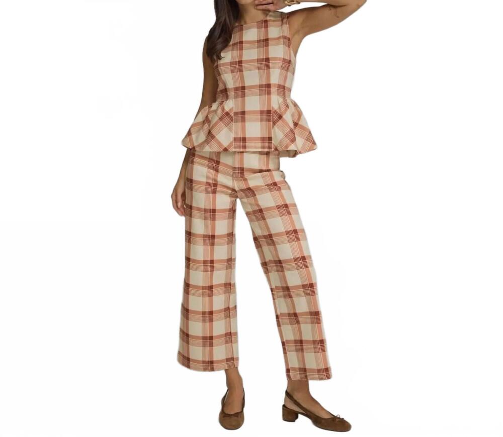 NEW STYLE U plaid wide leg pants in ecru